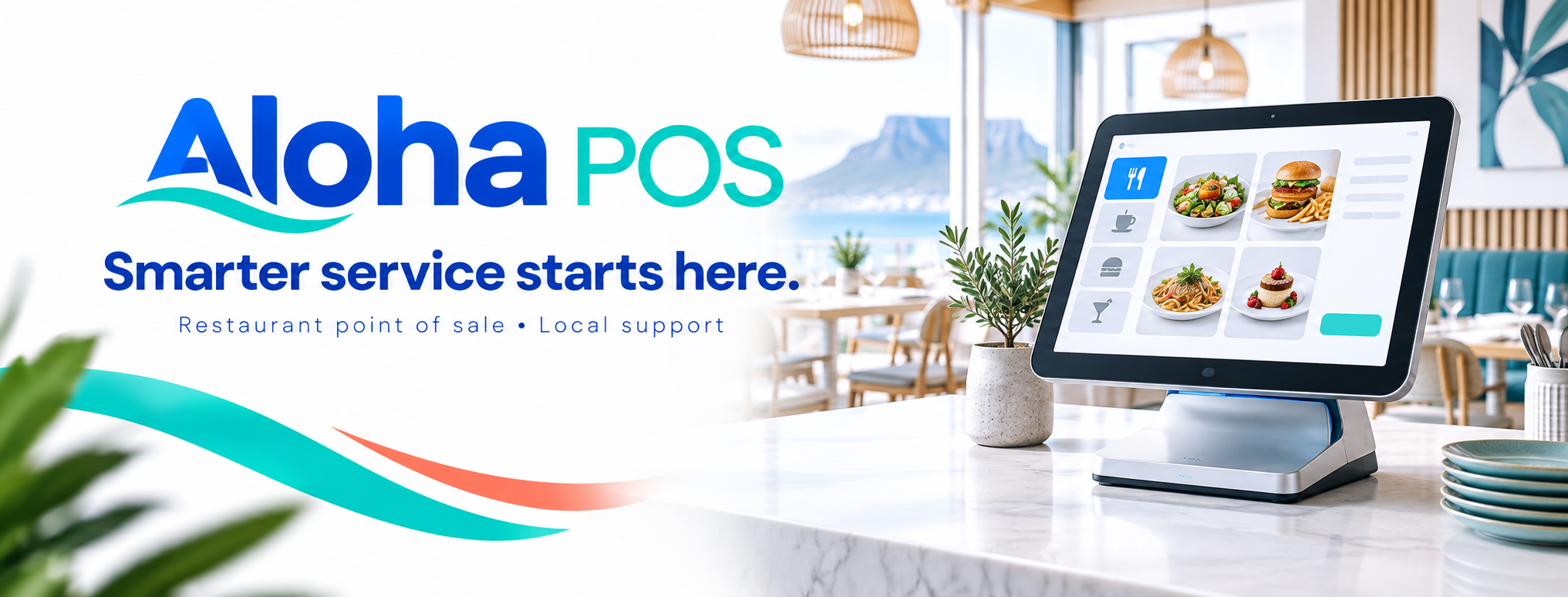 Aloha POS restaurant point of sale system in a bright modern restaurant