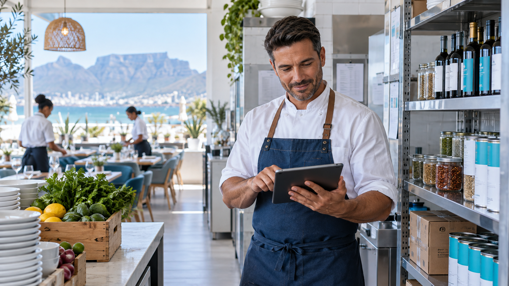 Restaurant manager reviewing stock control information on a tablet