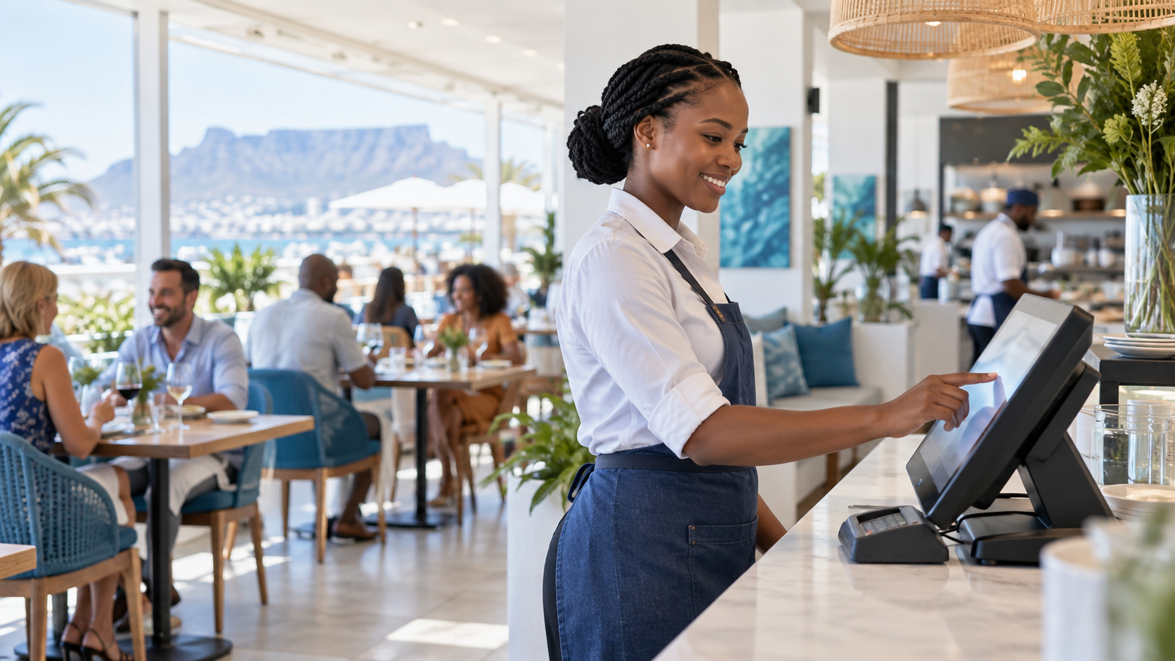 Restaurant team using an Aloha POS touchscreen during service in South Africa
